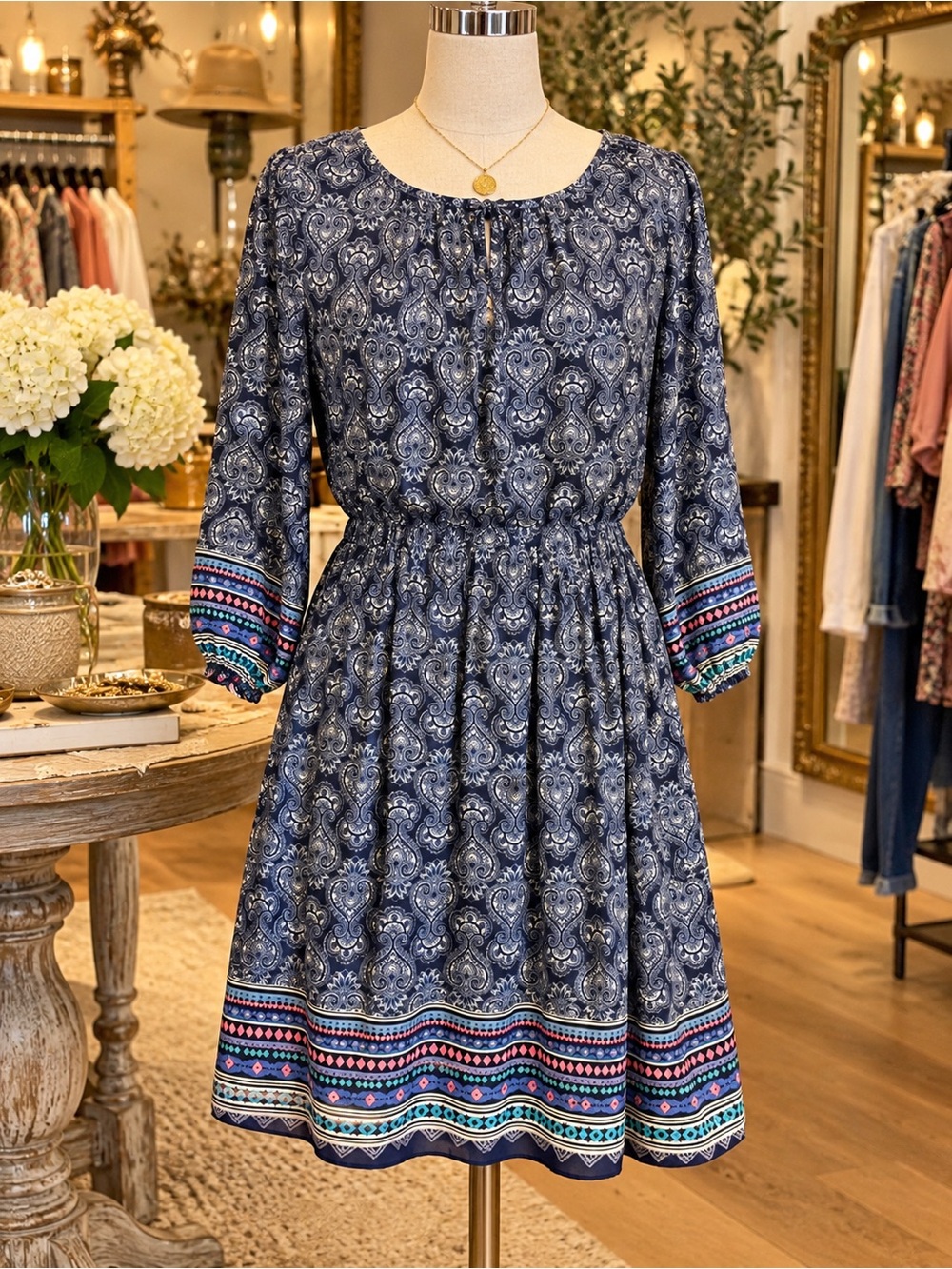Papermoon Navy Blue Long Sleeve Patterned Midi Dress with Colorful Trim